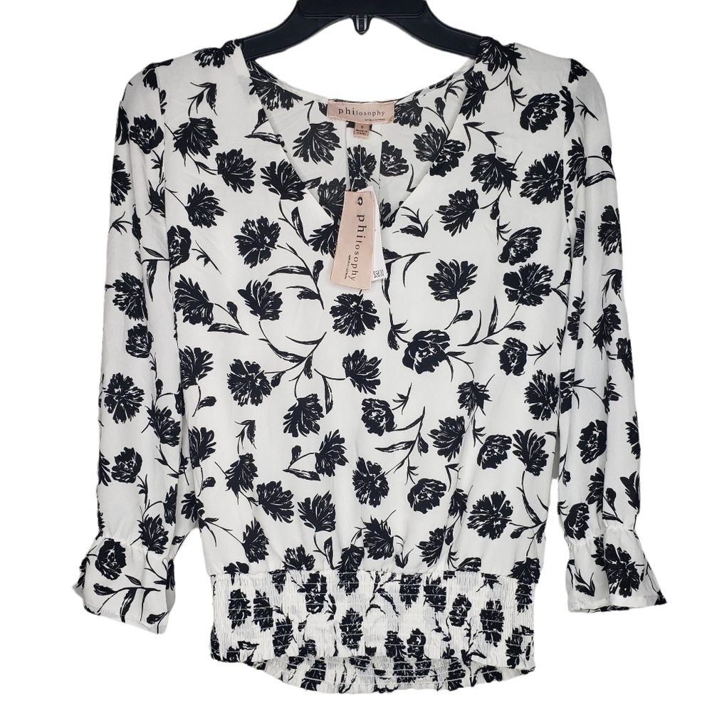 NWT Philosophy Black and White Floral Peasnt Blouse Size Small